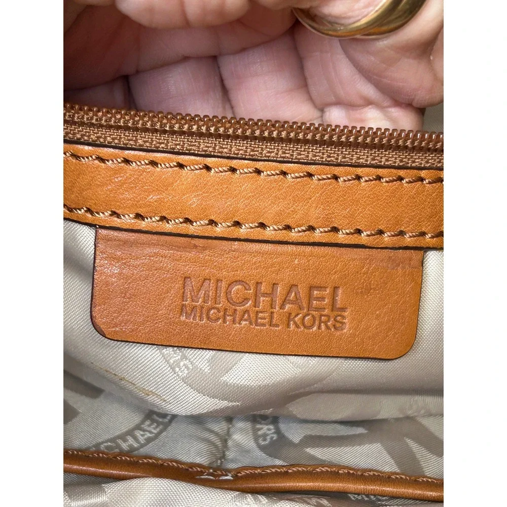 Michael Kors Hamilton Satchel Monogram Canvas Tan Leather Crossbody Bag Dust Bag